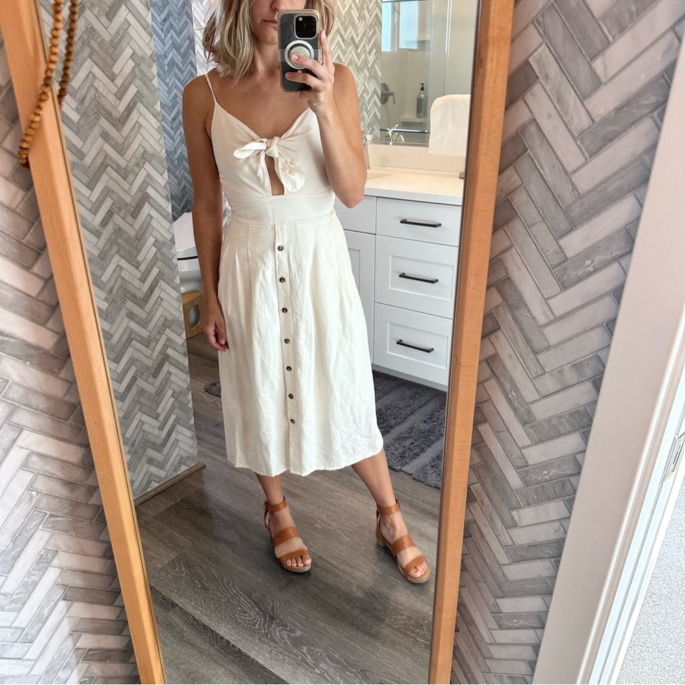 Express Tie Front Linen MIDI Dress XXS